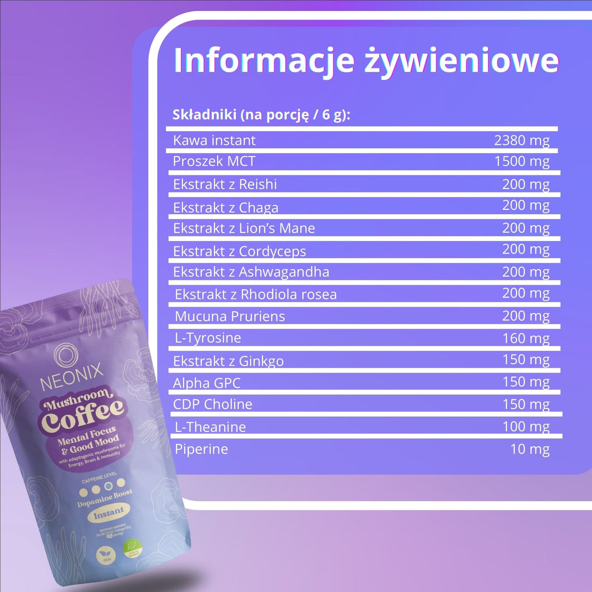 Mushroom coffee NEONIX z Mucuna Pruriens wspierająca naturalną produkcję dopaminy i mentalną energię.