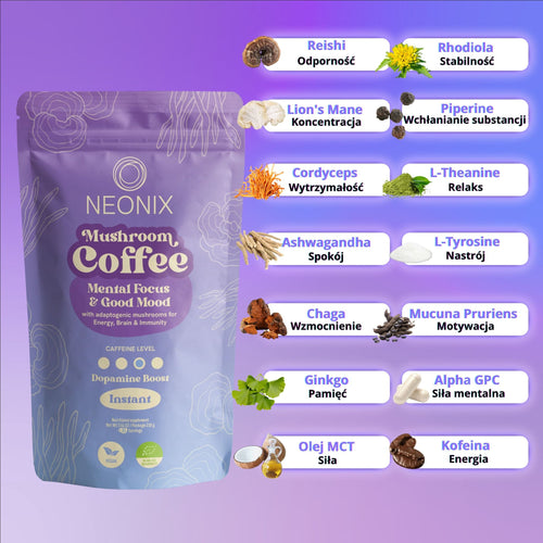 Kofeinowo-nootropowa mieszanka NEONIX z L-teaniną i MCT zapewniająca czysty fokus i spokojną energię.