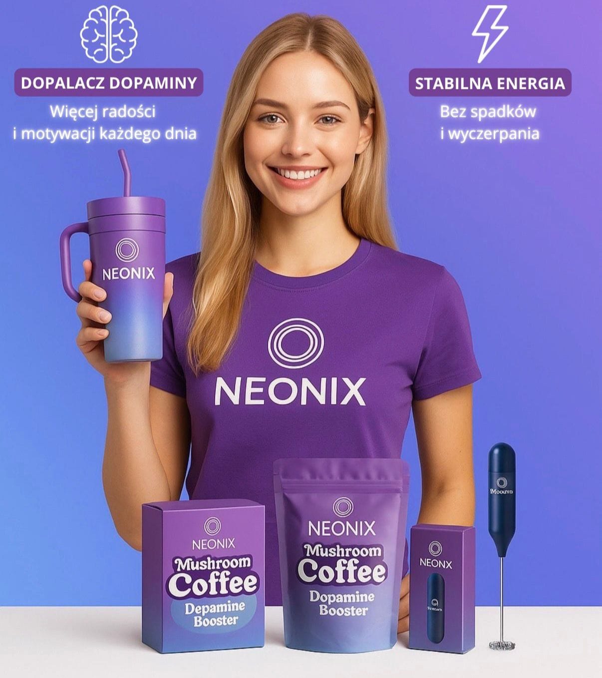 NEONIX Mushroom Coffee – kompleks adaptogenów i nootropików wspierający wydajność mózgu, nastrój i odporność.